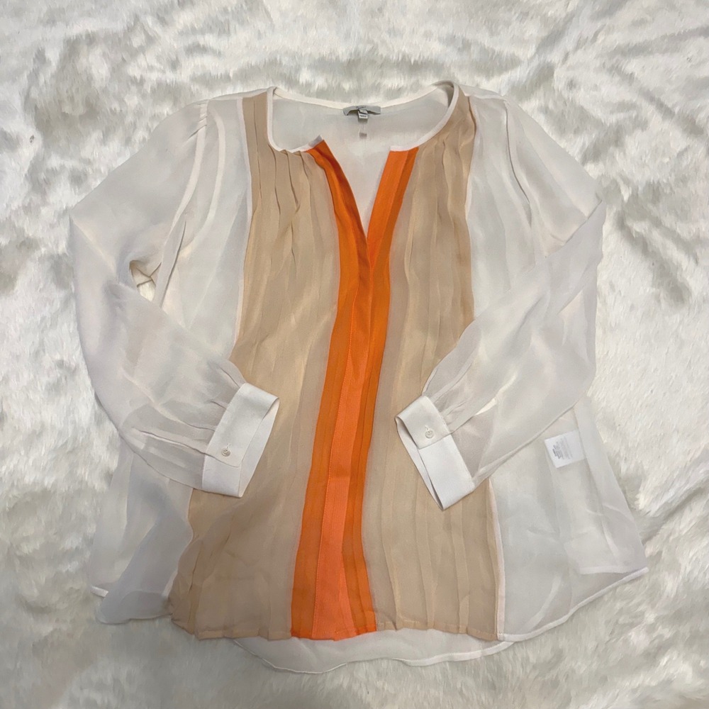 Joie Silk Blouse Women Small White Orange Pleated Sheer V-Neck Top Colorblock